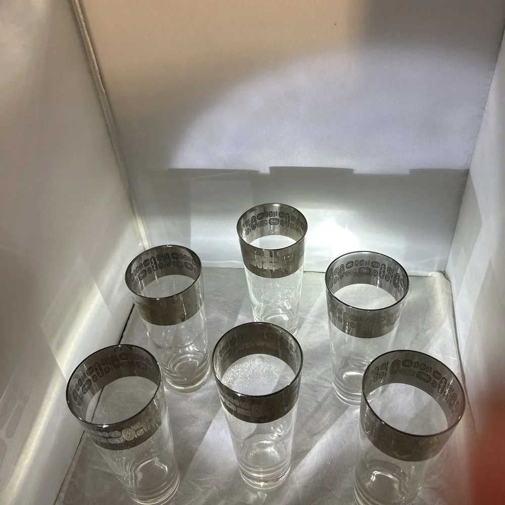 Set of 6 Rare 1950s Silver Rimmed Atomic Highball Glasses